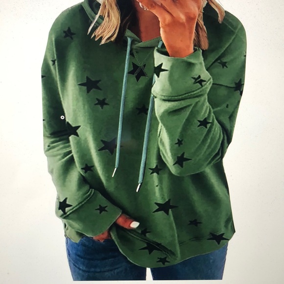Tops - Star Print Hoodie 4X Green Comfy Cozy